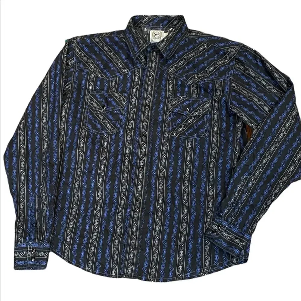 Cinch Youth XL (14) Long Sleeve Black and Blue Pearl Snap Western Shirt